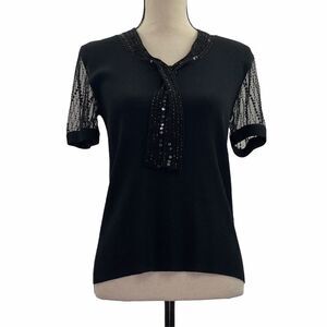 CABLE & Gauge Sheer Black Sequined Ribbed Top M